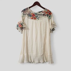 Bluheaven Floral Embroidered‎ Sheer Dress Medium Ivory Cream Shift Flowy Dainty